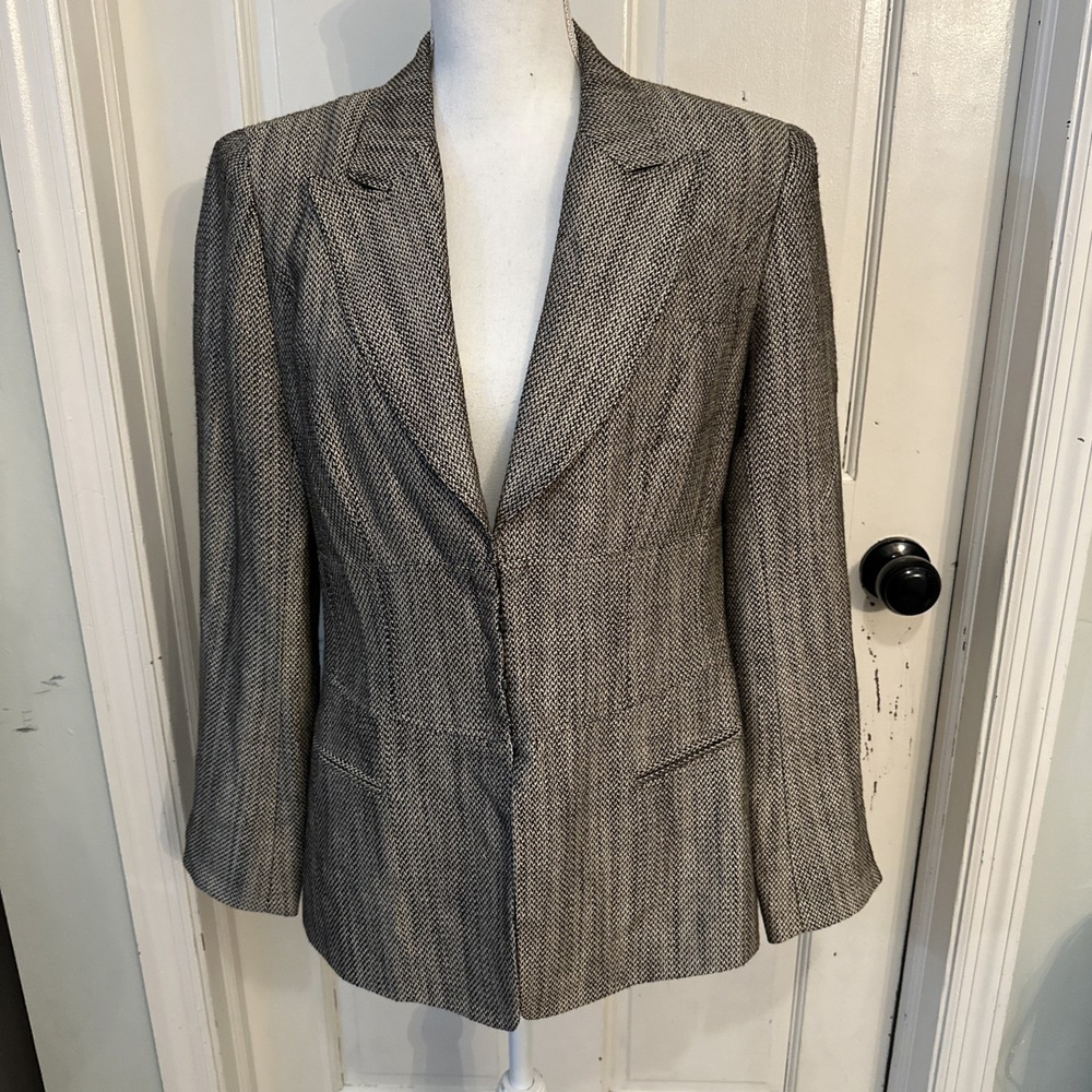 Lafayette 148 Houndstooth Tweed 4 Clasp Linen Blend Blazer‎ Career Brown Size 8